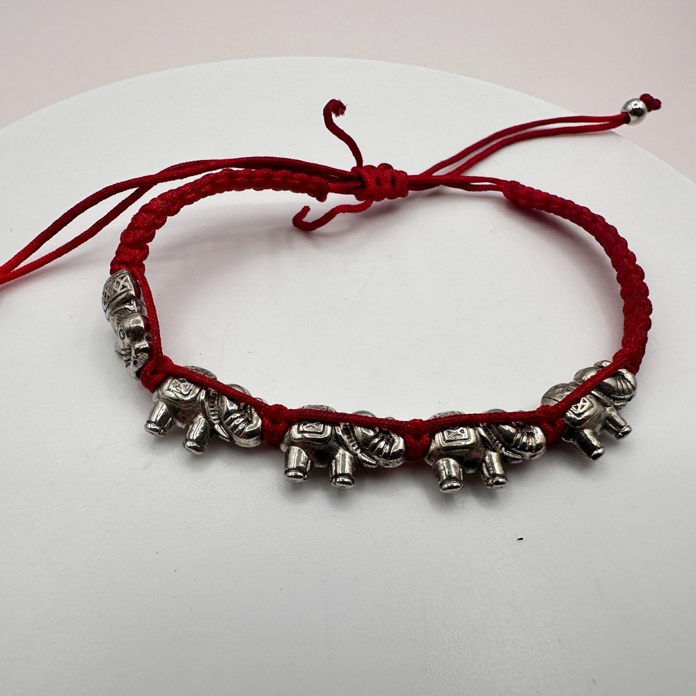 Vintage 90s Red Cord Silver Tone Elephant Charm Bracelet Lucky Fashion Jewelry